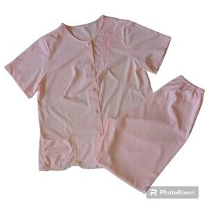 Vtg Shadowline Capri Pajama Set-Small-Pale Pink-Lace Trim-Pocket-Elastic Waist